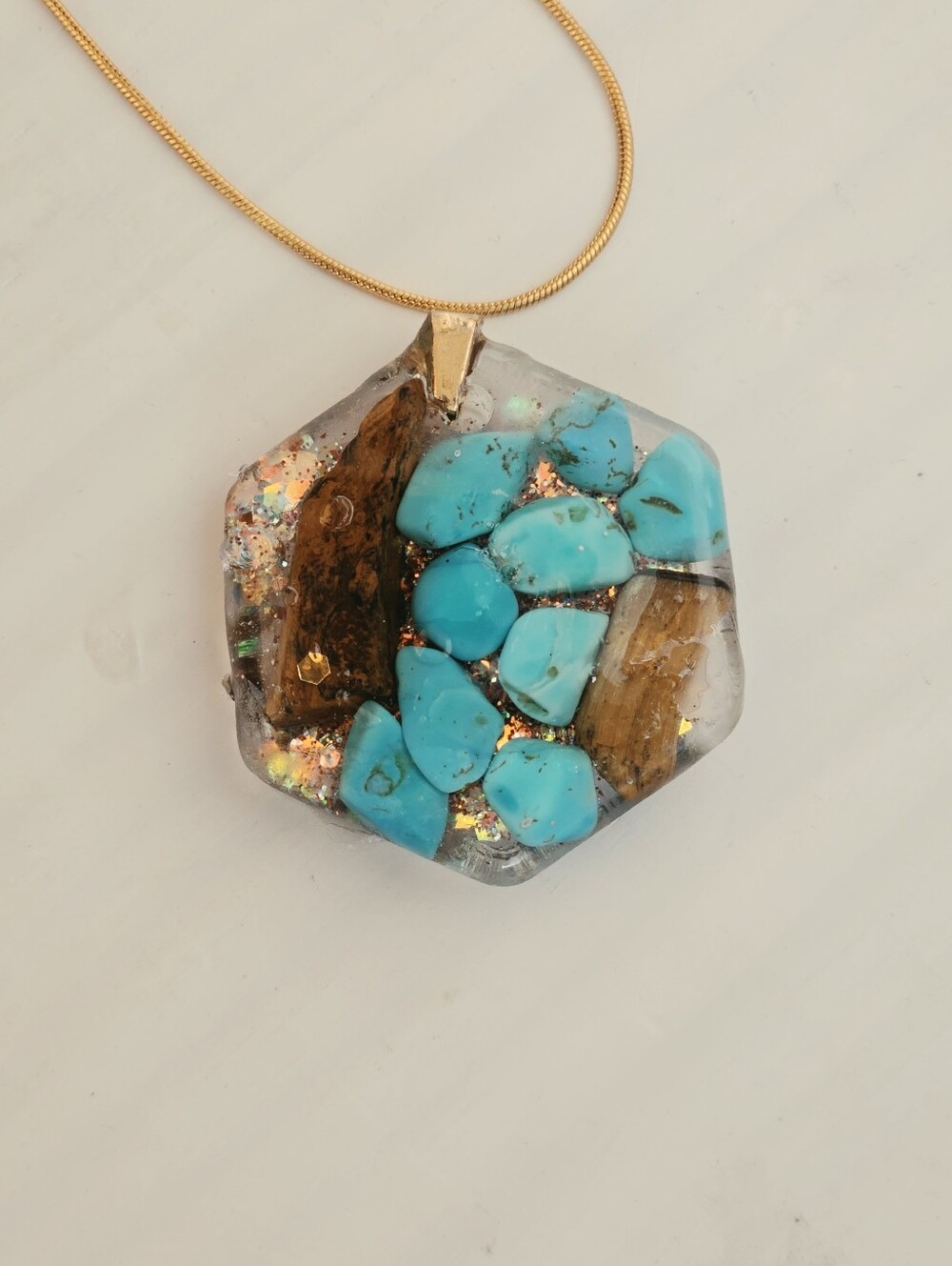 Turquoise & Tigers Eye Stone Hexagon Pendant Necklace -18k Gp Chain 20 Inch